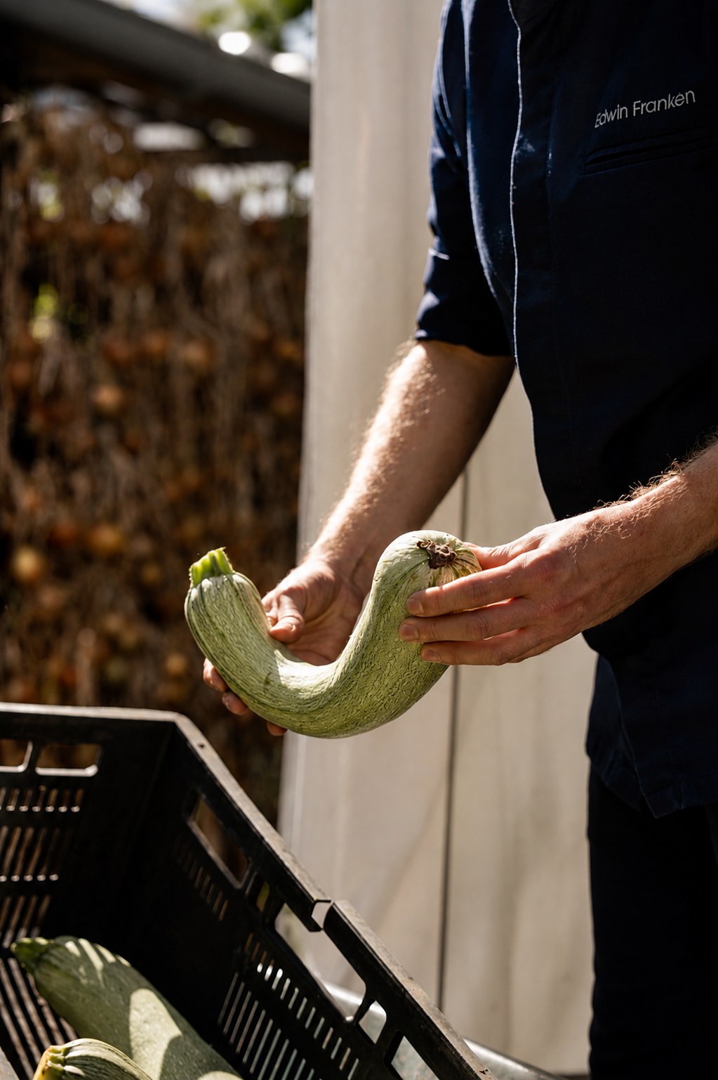 Edwin with a courgette from the kitchen garden